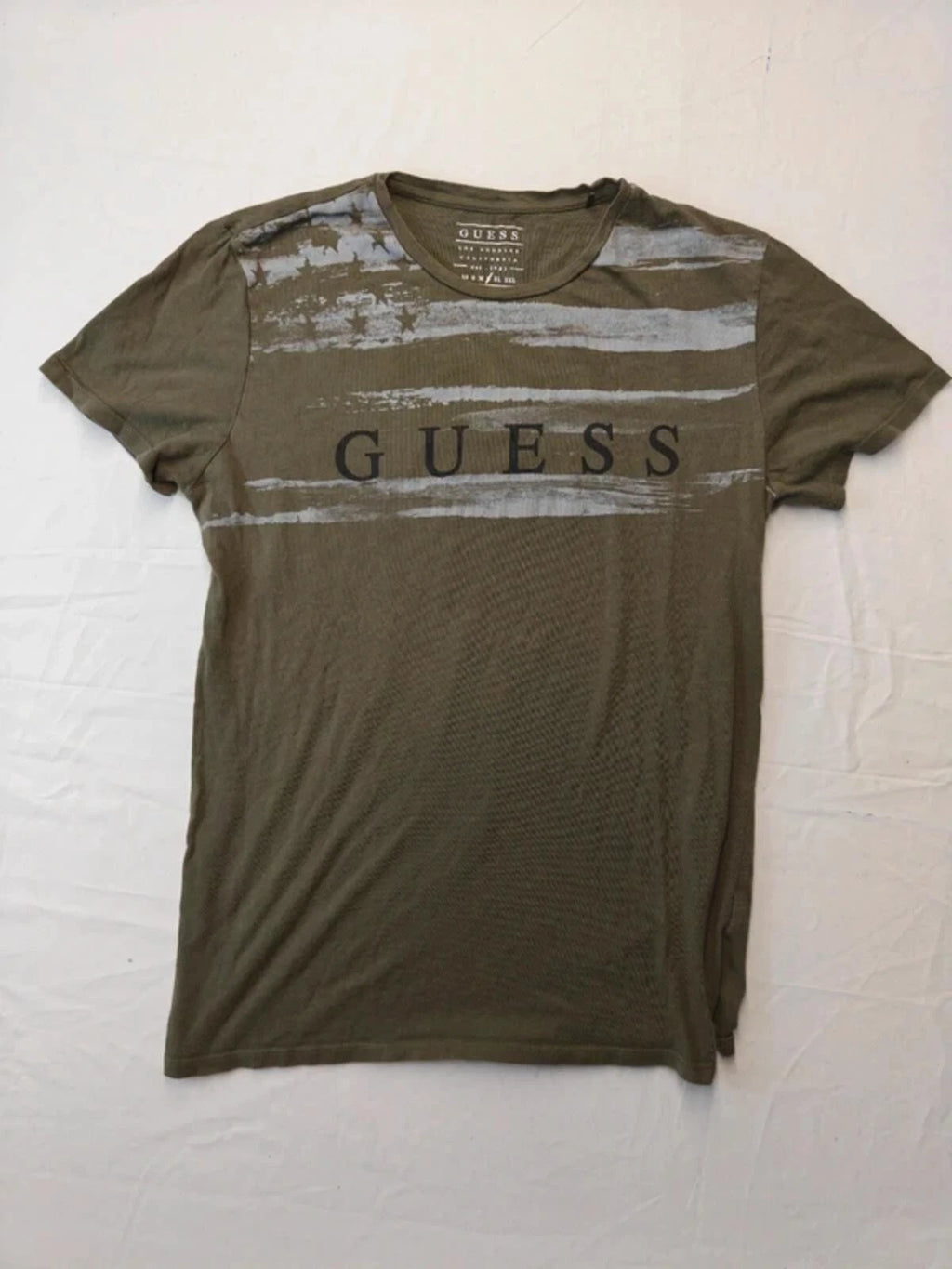 Y2k Guess Logo T-Shirt Khaki Olive Green Large Distressed Print Mens Tee