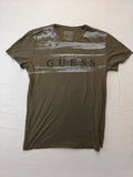 Y2k Guess Logo T-Shirt Khaki Olive Green Large Distressed Print Mens Tee