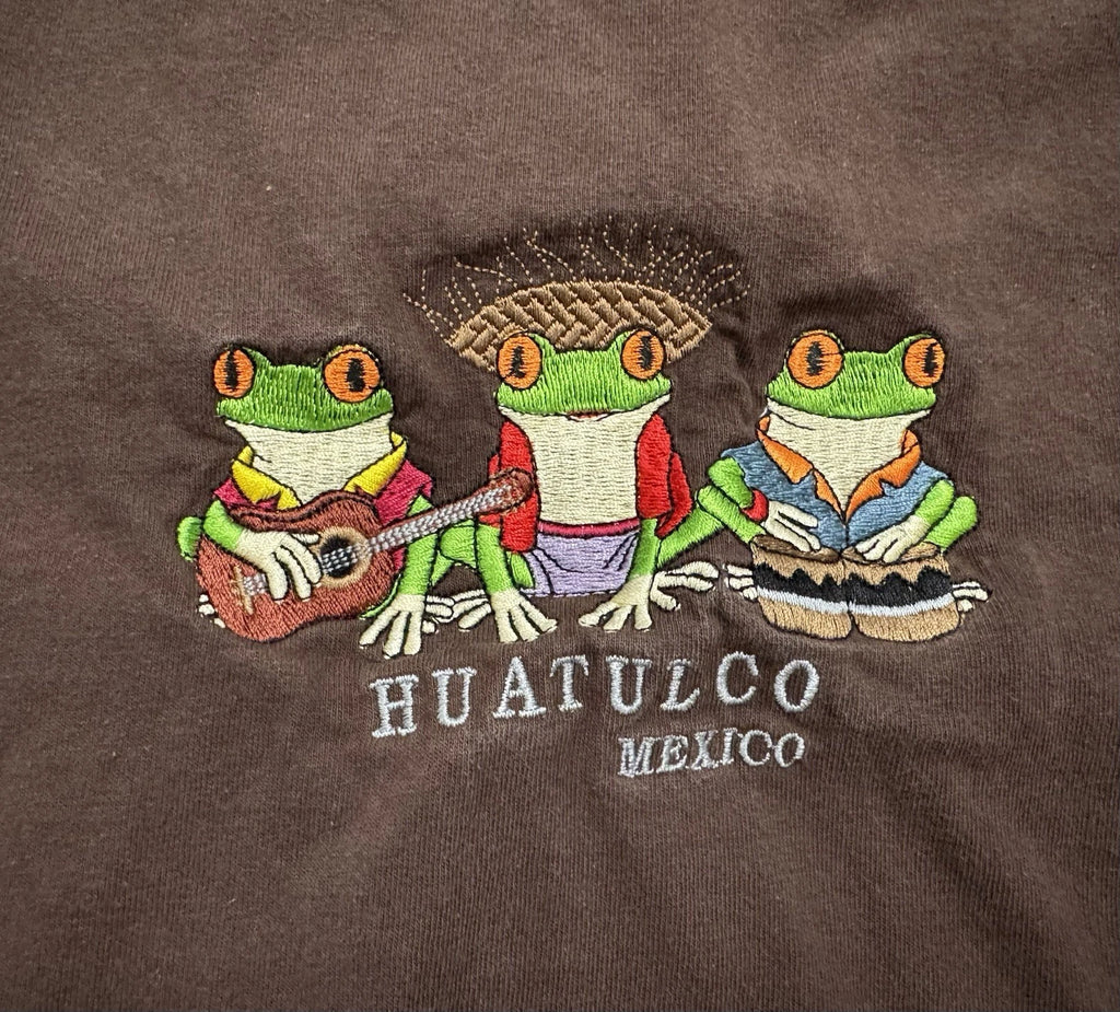 Y2K Huatulco Mexico Shirt Mens Size XL Frog Band Music Brown Short Sleeve Tee