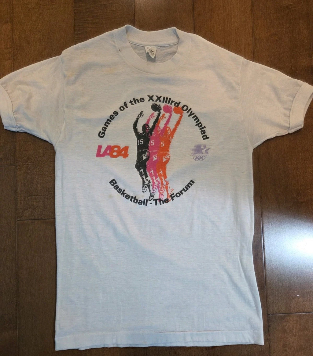 Vintage Los Angeles Olympics Shirt Med White 80s  Basketball Forum Rare Stains