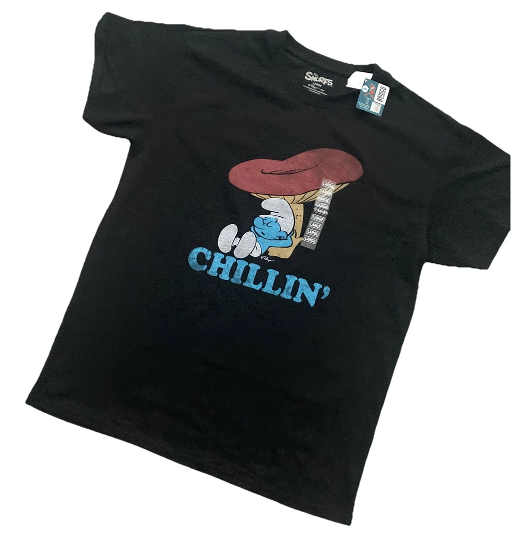 The SMURFS Peyo Mushroom Black T-shirt Large Sleepy Smurf Chillin 80’s Cartoon