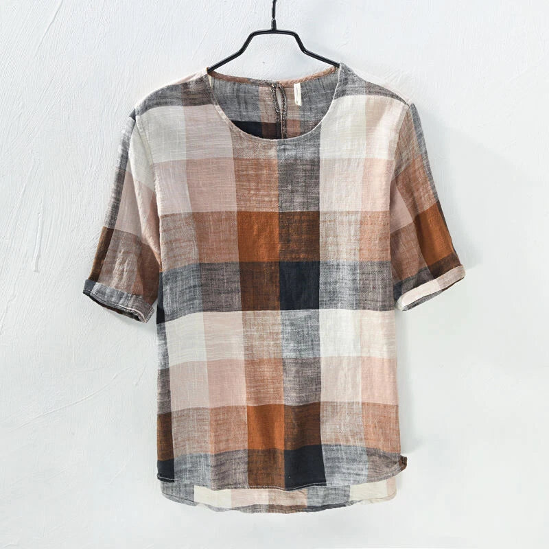 Men's Check T-Shirt Gradient Color Cotton Linen Breathable Causal Retro Top Slim