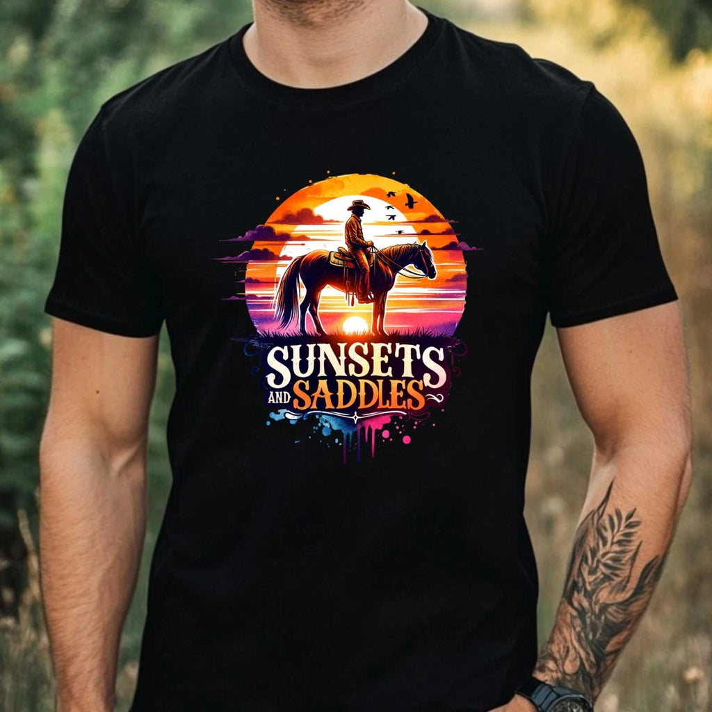 Mens Wild West Cowboy Print Cotton T-Shirt Size XS to 5XL
