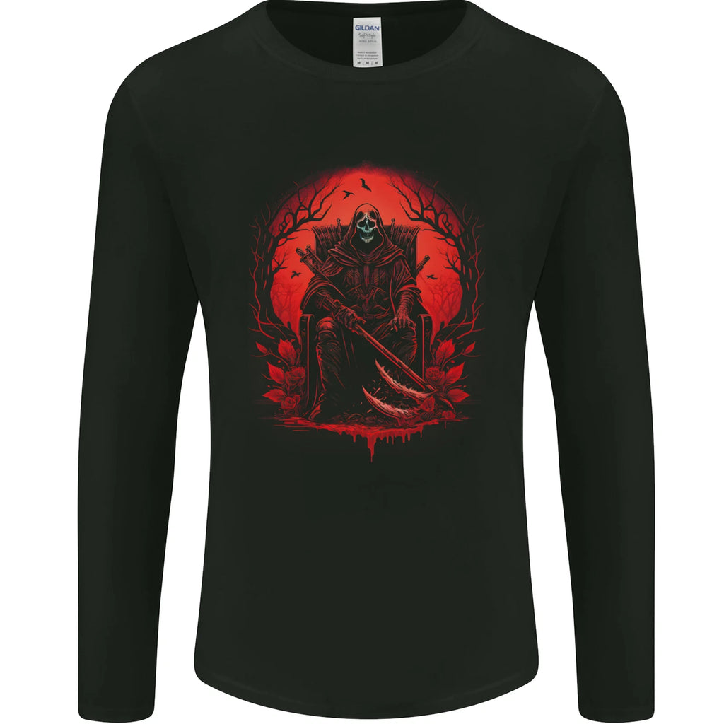The Grim Reaper On His Throne Gothic Biker Mens Long Sleeve T-Shirt