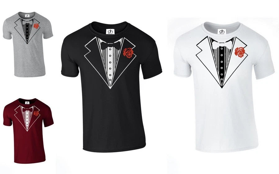 Tuxedo Suit Bow Tie Funny Joke fancy dress T SHIRT WEDDING STAG (ROSE,TSHIRT)