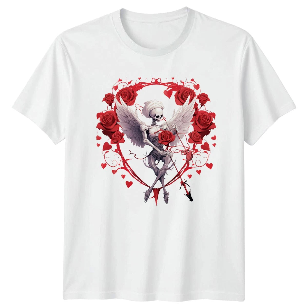 Skeleton Cupid With Roses Goth T-Shirt Dark Romance Valentines Day