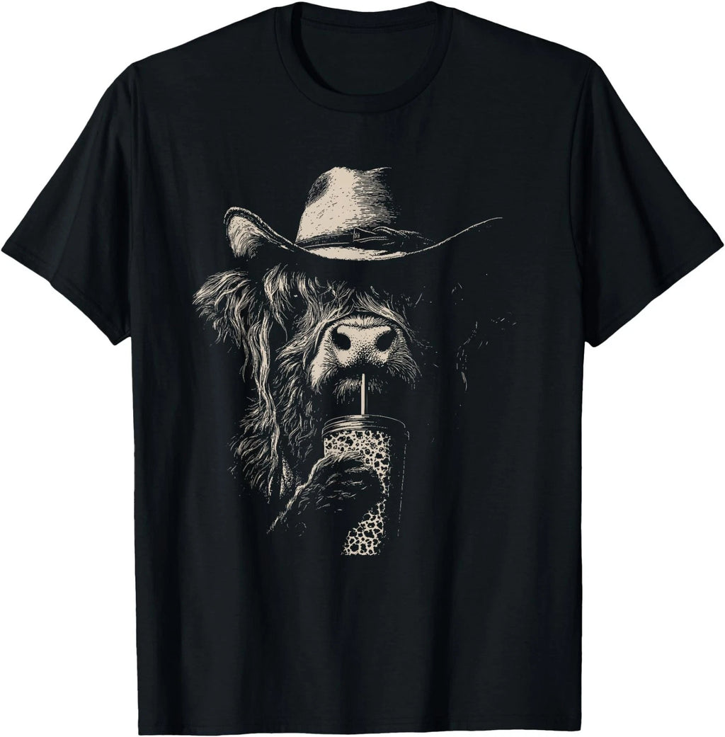 Vintage Highland Cow Drinking Coffee T-Shirt