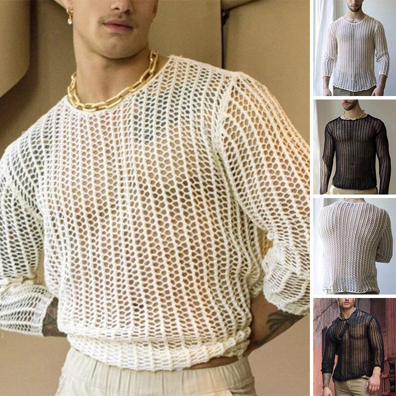 Men Long Sleeve Mesh Fishnet T Shirt Casual Muscle Blouse T Shirt Top Undershirt