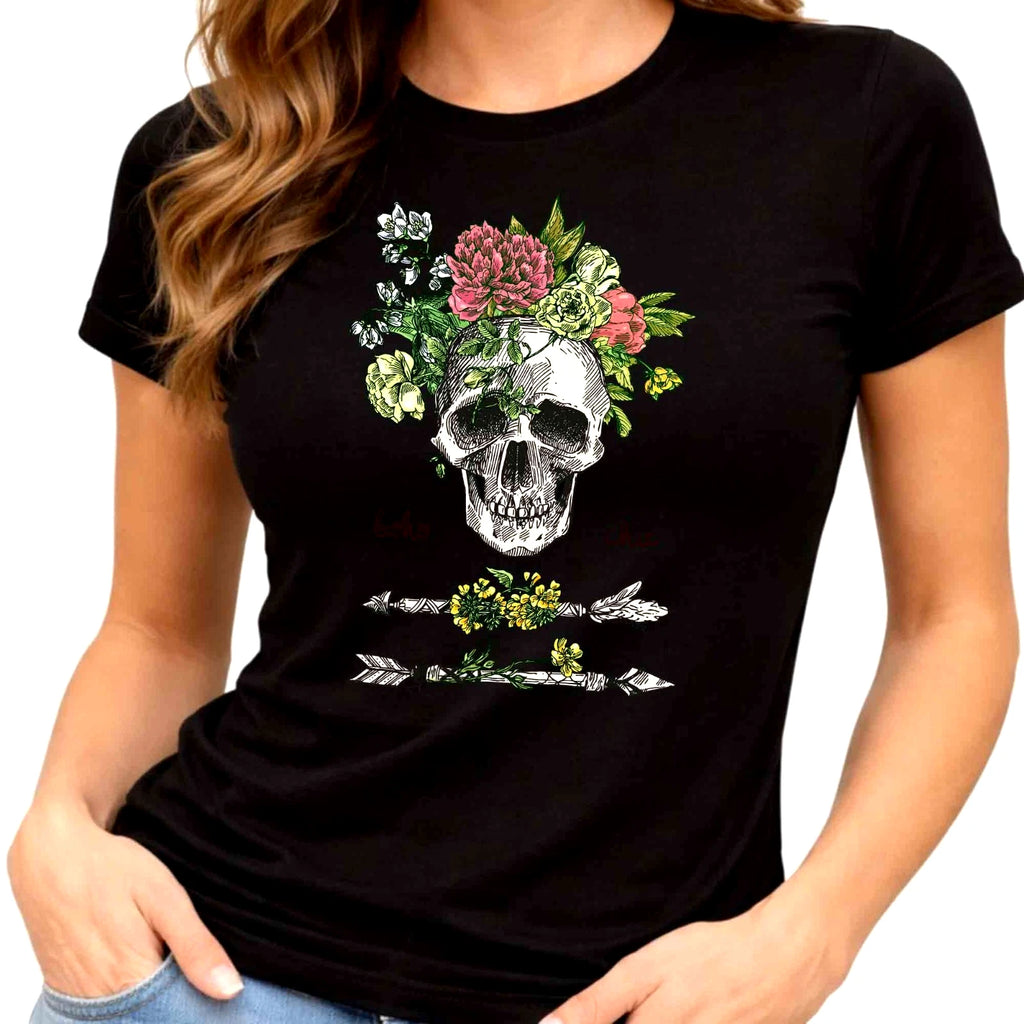 Flower Skull Graphic T-Shirt Floral Sugar Skull Tee Gothic Boho Tattoo Art