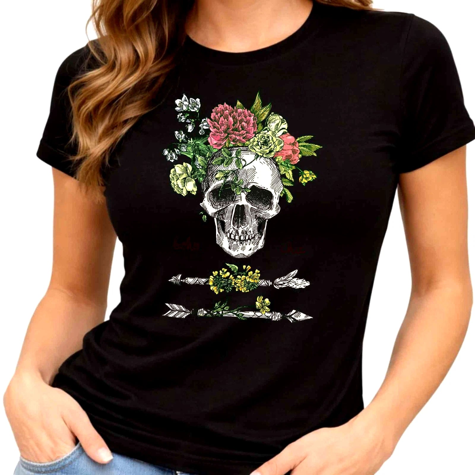 Flower Skull Graphic T-Shirt Floral Sugar Skull Tee Gothic Boho Tattoo Art