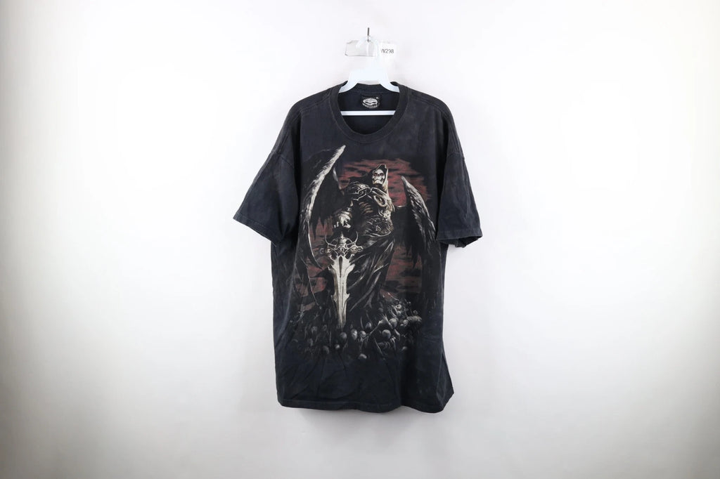 Vintage Y2K Streetwear Mens XL Faded Fantasy Grim Reaper Skull Angel T-Shirt