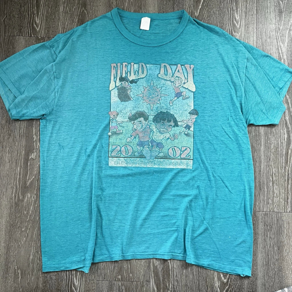 Vintage Y2k Field Day Adult T Shirt Thin Thrashed Rare Teal Blue Sports Tee 2XL
