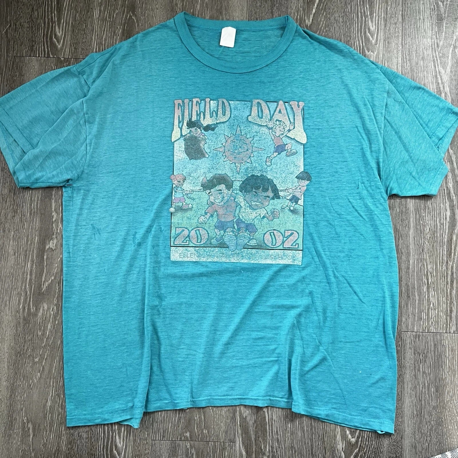 Vintage Y2k Field Day Adult T Shirt Thin Thrashed Rare Teal Blue Sports Tee 2XL