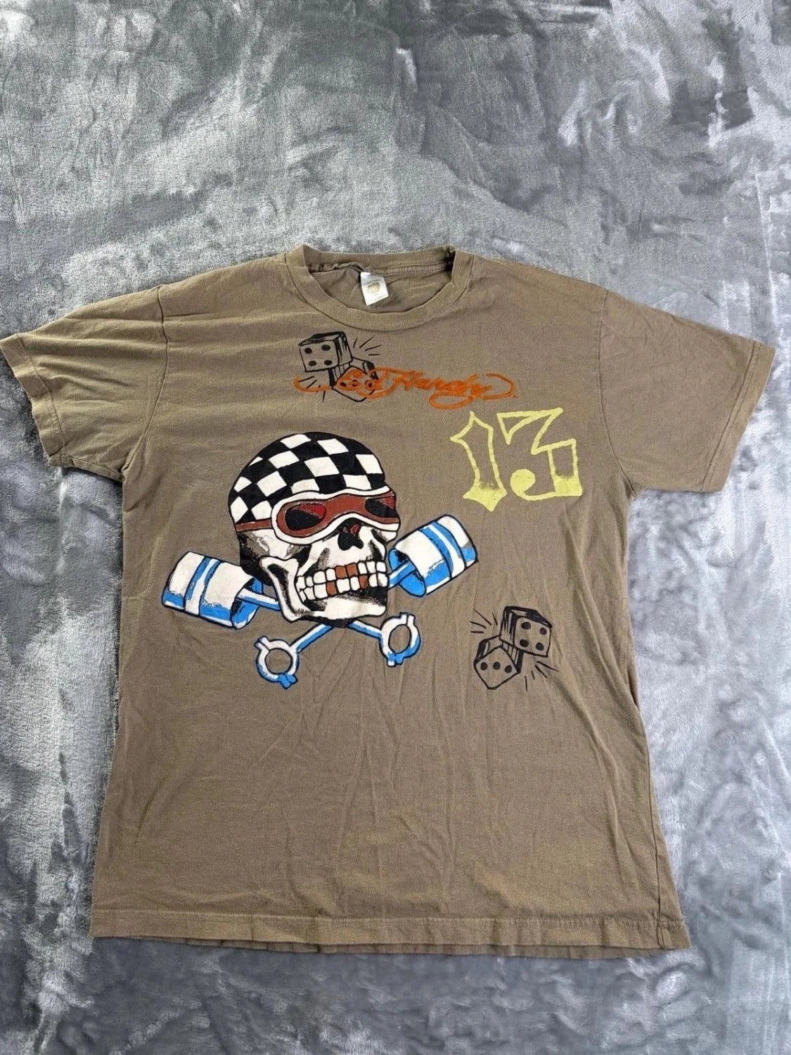 Vtg Ed Hardy christian andlgler Shirt Men L Green Skull Dice Tattoo Graphic Y2K