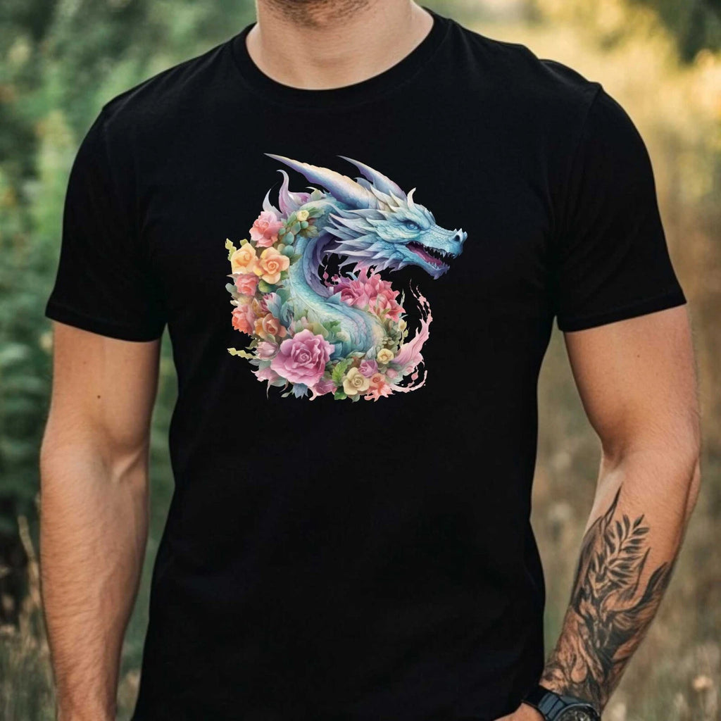 Mens Watercolour Floral Dragon Motif Cotton T-Shirt Size XS to 5XL