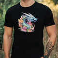 Mens Watercolour Floral Dragon Motif Cotton T-Shirt Size XS to 5XL
