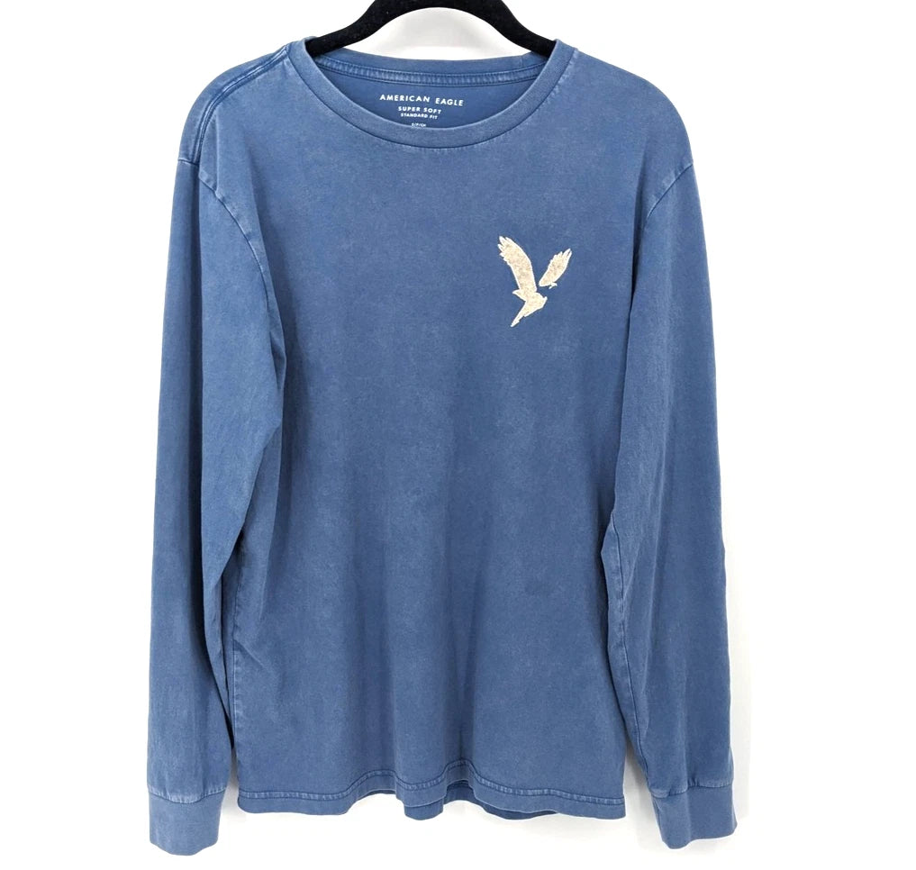 American Eagle Shirt Mens Small Blue Long Sleeve Super Soft Logo Graphic Y2K 90s