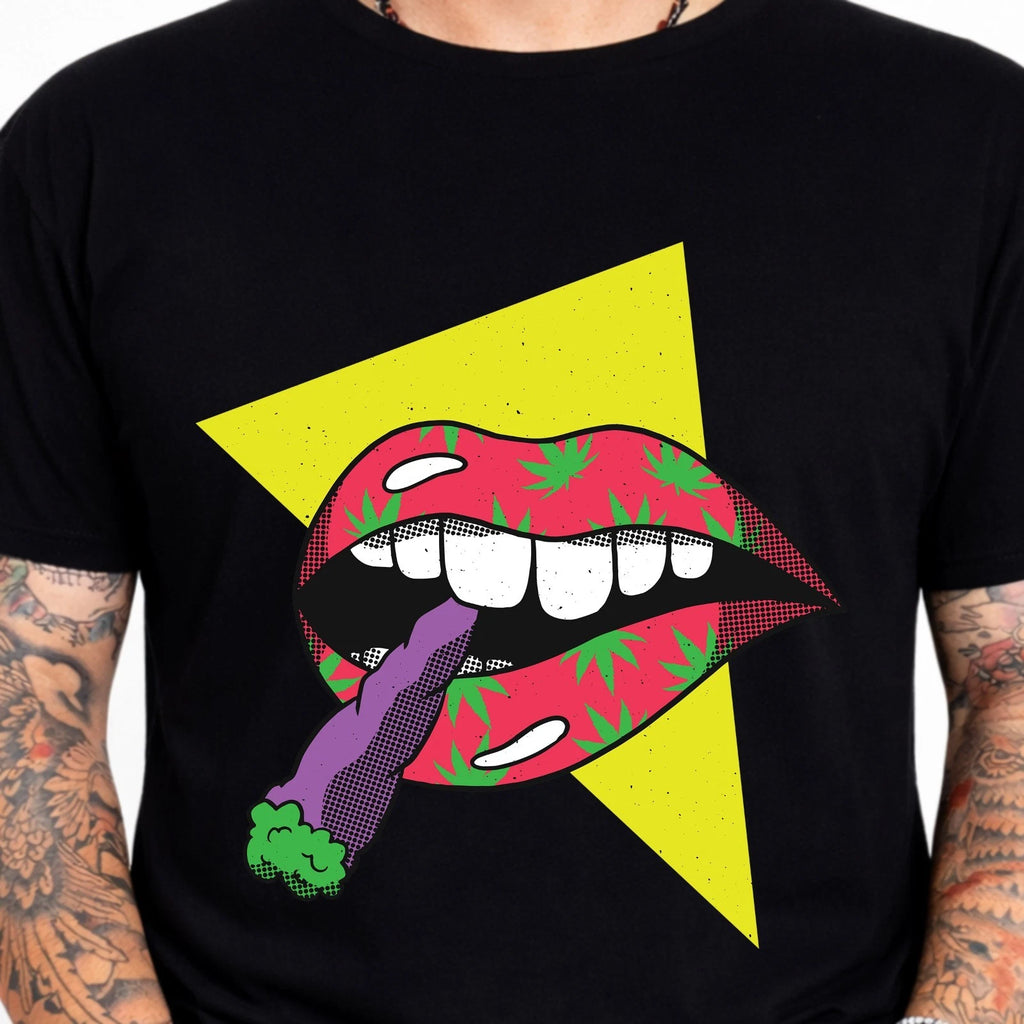 Cannabis Lips Weed Leaf  Pop Art Stoner Streetwear Fun Novelty Graphic Tee.