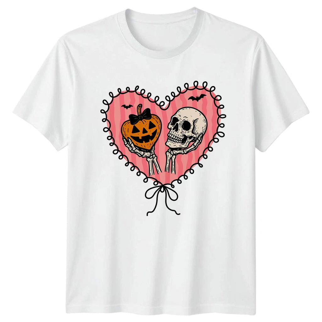 Skeleton Skull Pumpkin Heart T-Shirt Goth Romance Halloween Gift For Him Her