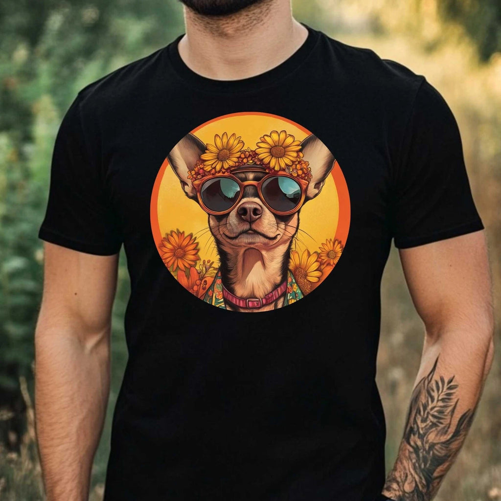 Mens Chihuahua Dog Hippie Motif Cotton T-Shirt Size XS to 5XL