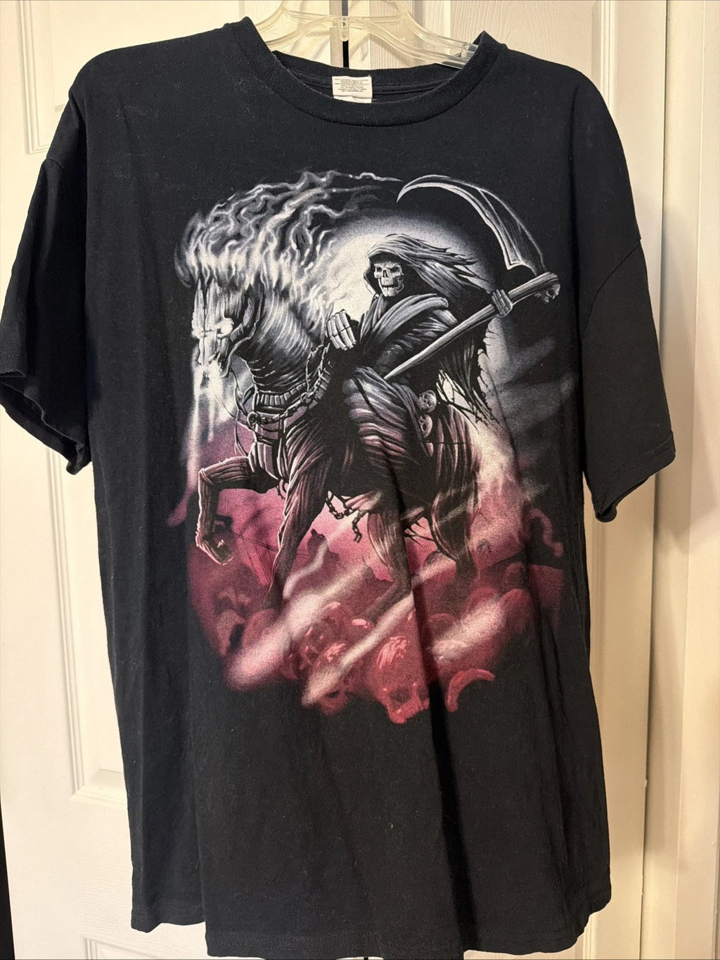 Vintage Y2K Grim Reaper Horse Skull Skeleton Flames Black XXL T-Shirt