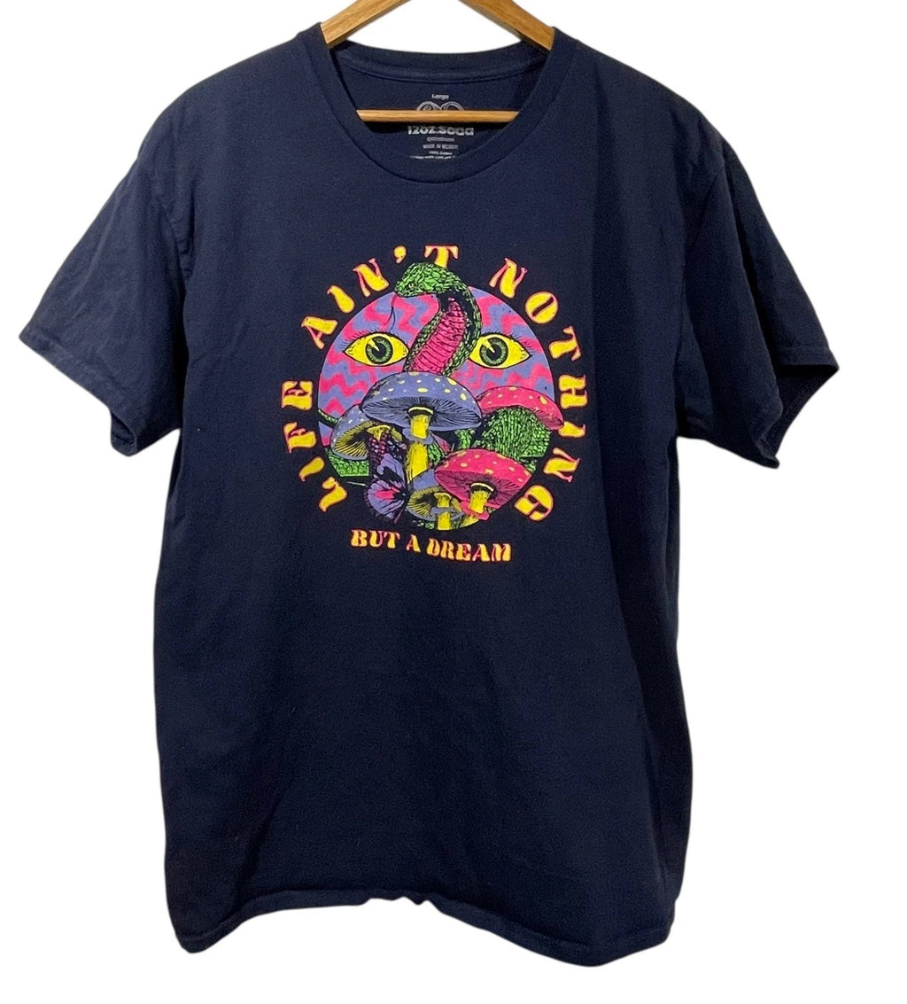 12oz Soda Mens L Navy Blue T-Shirt Life Aint Nothin But A Dream Mushroom Trippy