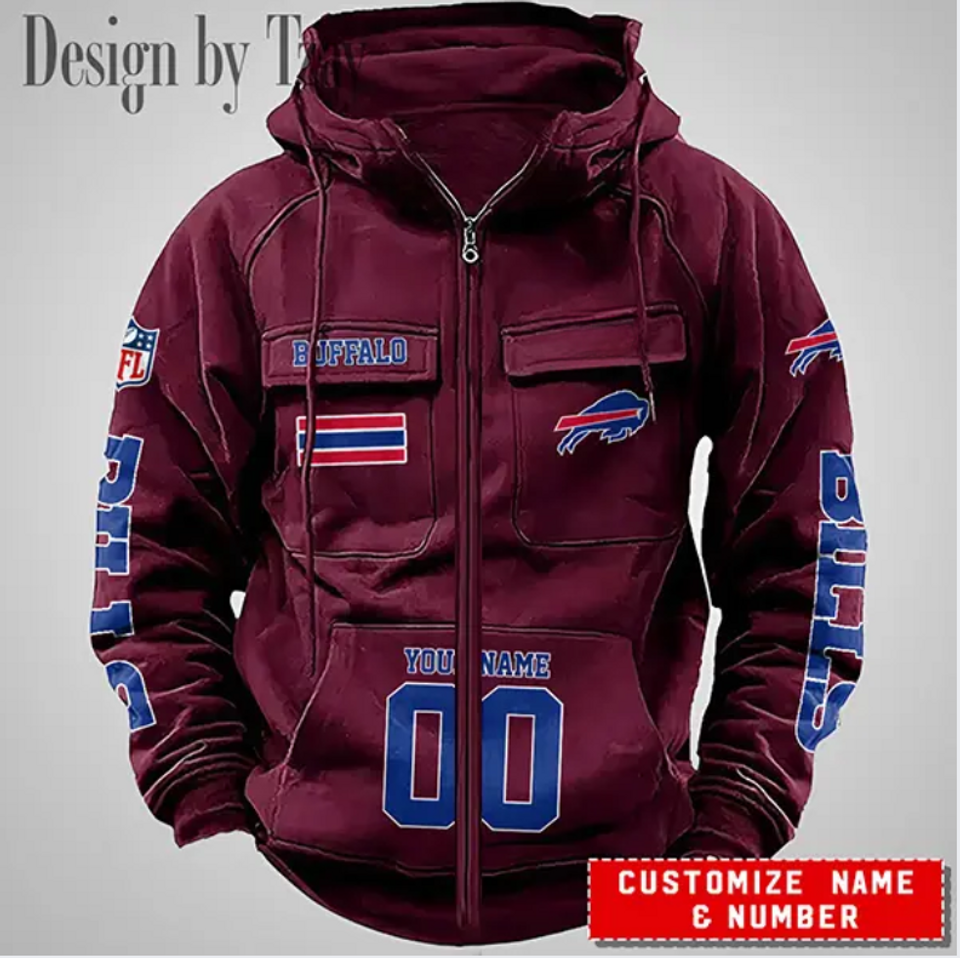 Buffalo Personalized Name & Number Vintage Cargo Zip Hoodie