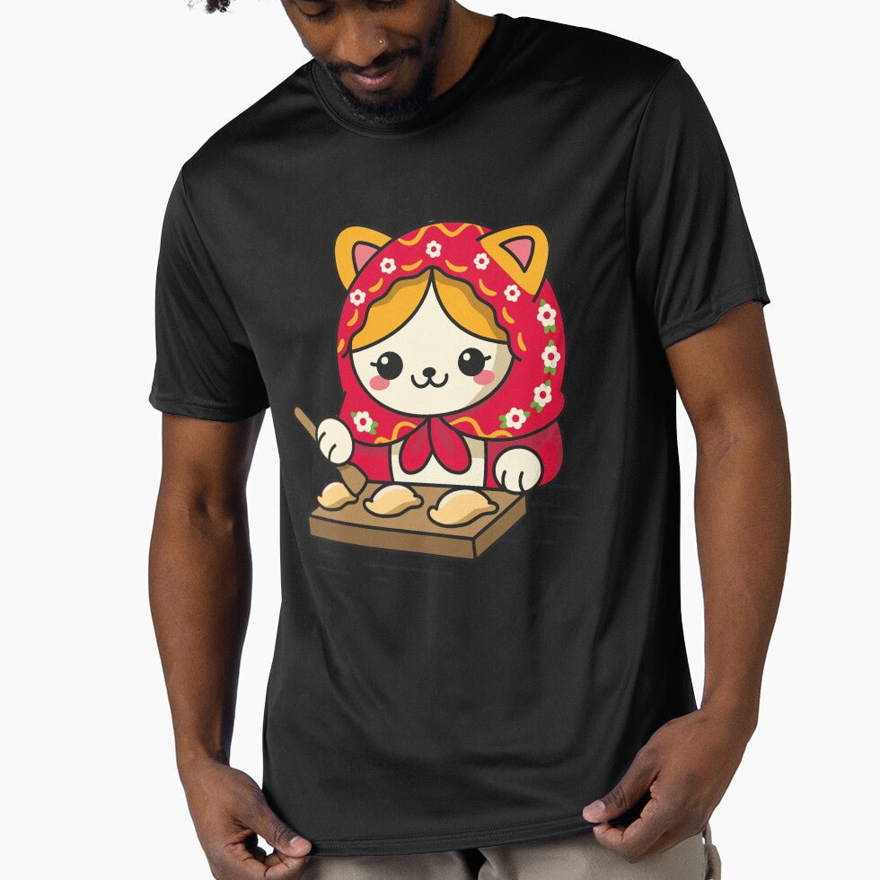 Cute Cat in Red Hood Making Dumplings - Whimsical Folk Art by DrawHandArt
