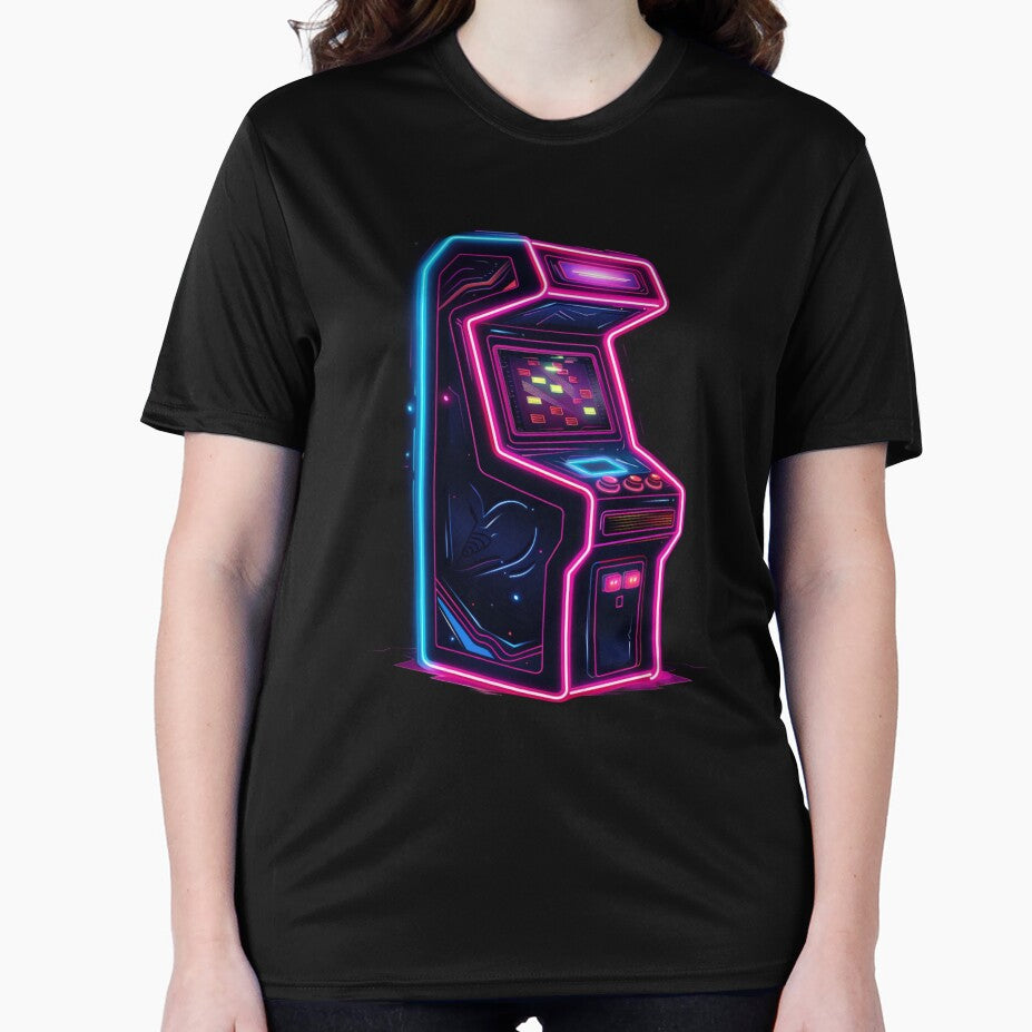 Retro 80s Arcade T-Shirt | Neon Synthwave Gaming Cabinet Retrowave by VectorForge