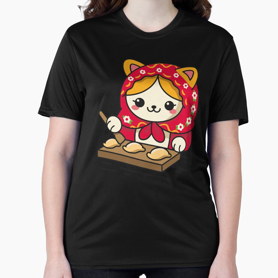 Cute Cat in Red Hood Making Dumplings - Whimsical Folk Art by DrawHandArt