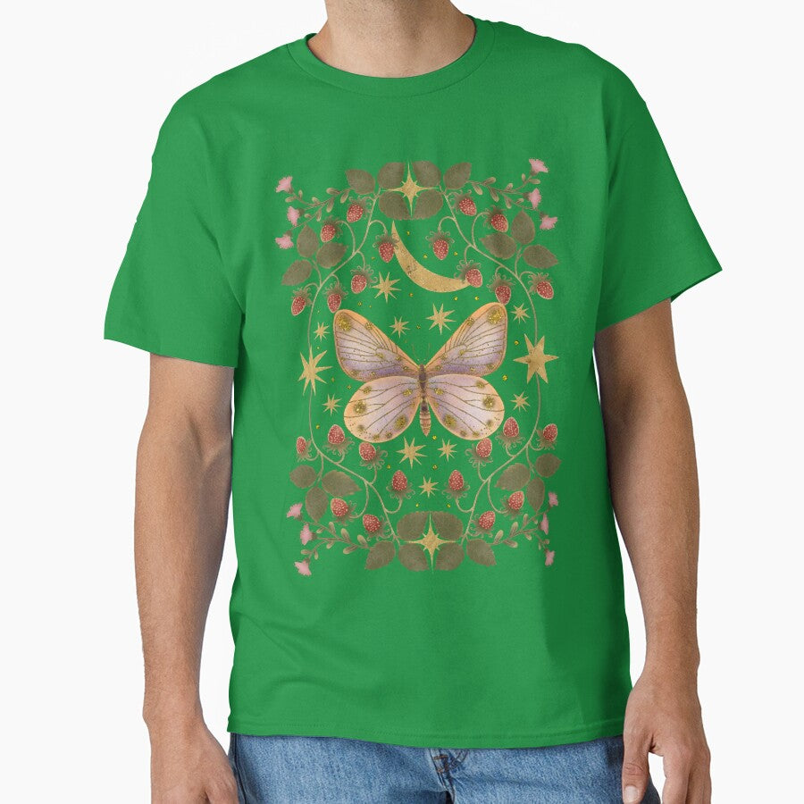 Sa golden butterfly against a background of a golden moon, stars and strawberries by Grin Katalina Floral Patterns & Cozy Art