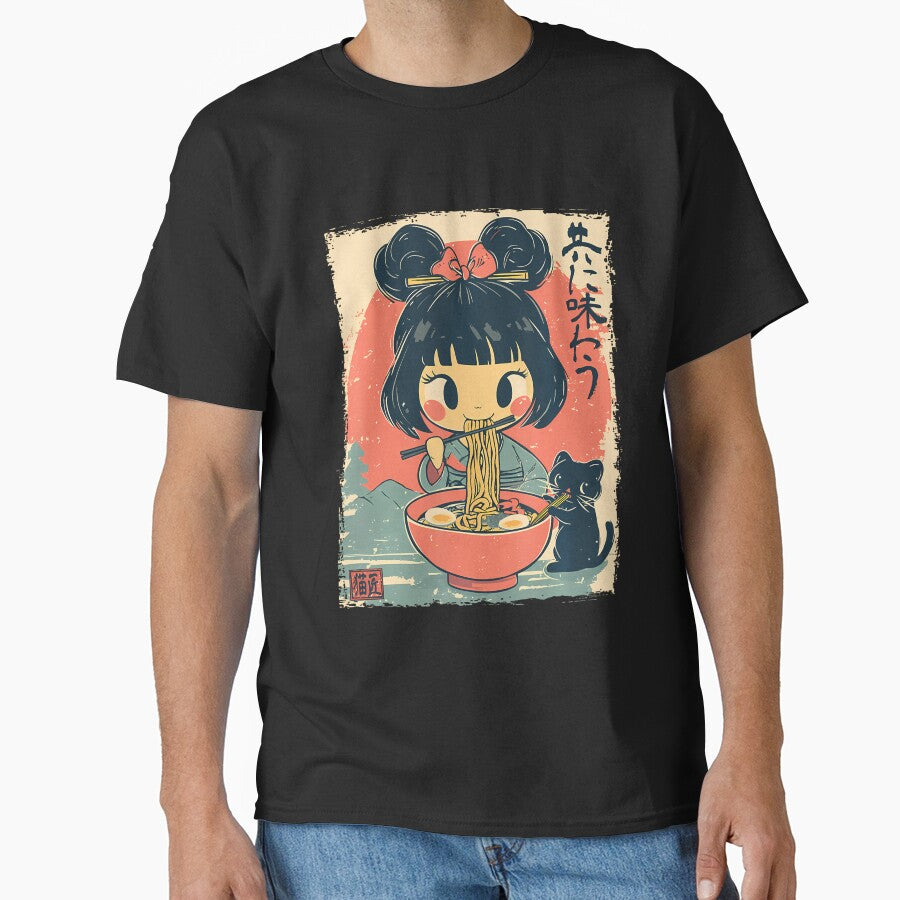 Cute Kawaii Japanese Girl And Cat Eating Ramen Anime T-Shirt by GabrielaPeterse
