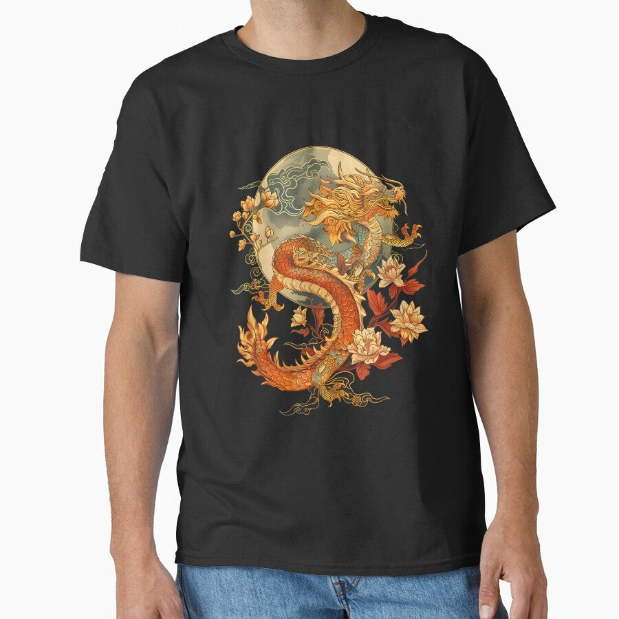 Crimson Lunar Floral Dragon Art Noveau T-Shirt by GabrielaPeterse