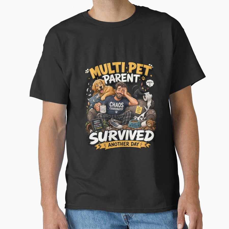 Multi Pet Parent Survived Another Day Funny Kawaii T-Shirt Sticker by Ashley critters