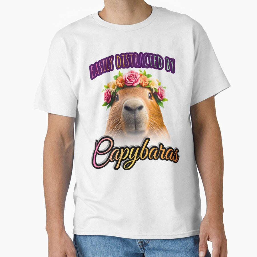 Easily Distracted By Capybaras Funny Capybara Flower Crown T-Shirt by TwistedComicLab
