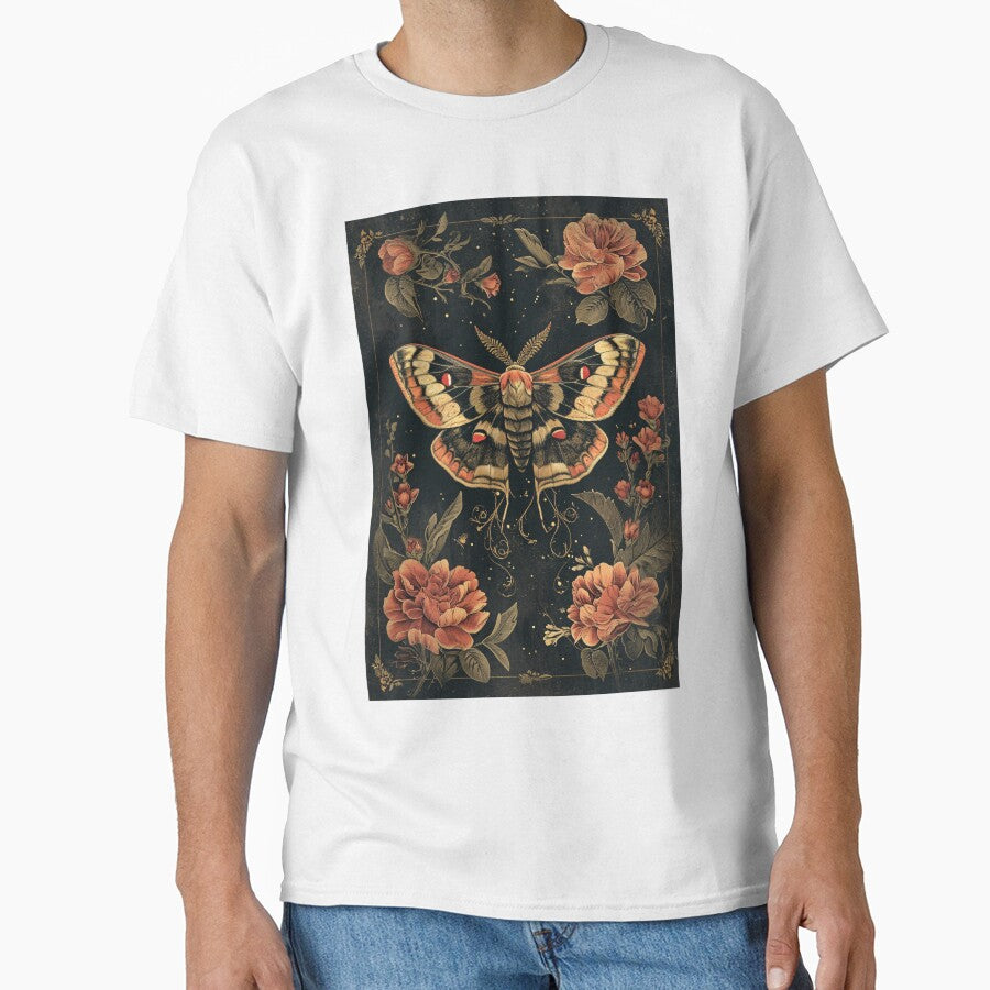 Moth and flowers - dark academia aesthetic - gothic floral feminine vintage old illustration by Fantasy Cache