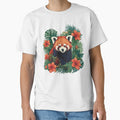Red Panda With Red Tropical Flowers by greenmonstera