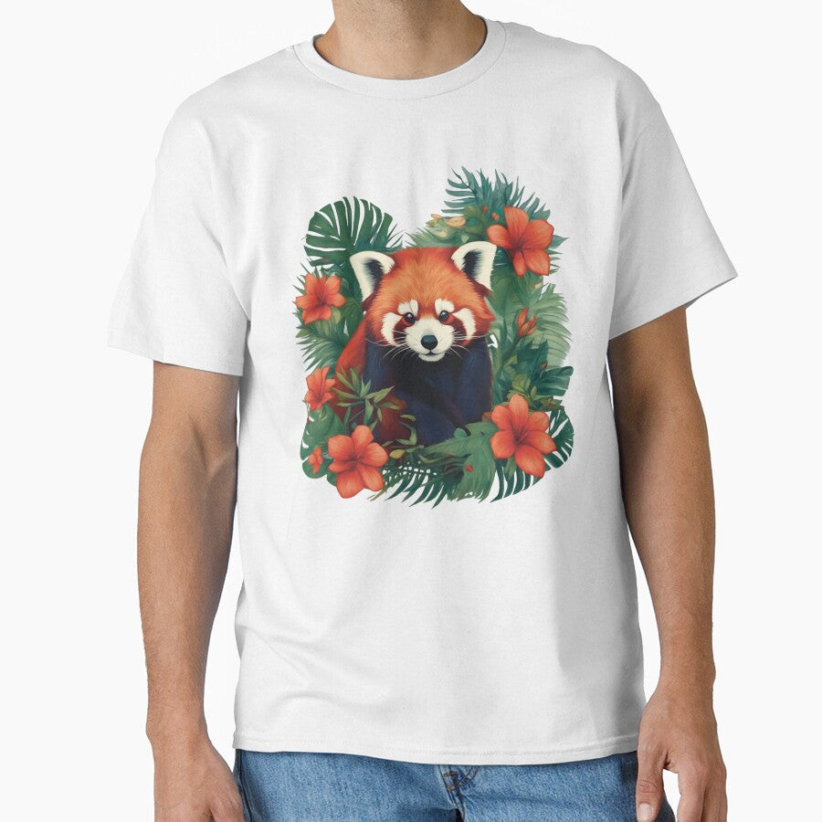 Red Panda With Red Tropical Flowers by greenmonstera