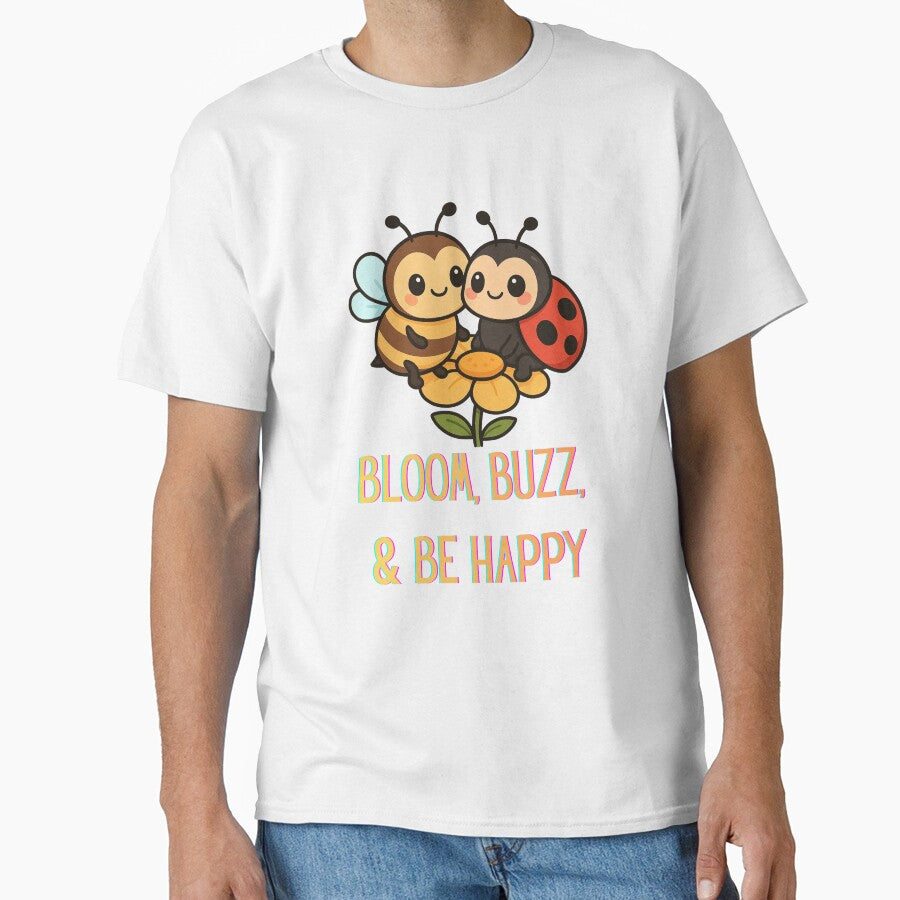 Bloom, Buzz, & Be Happy – Cute Bee and Ladybug Positive Quote Design by Painted Moon by Luna Bee™