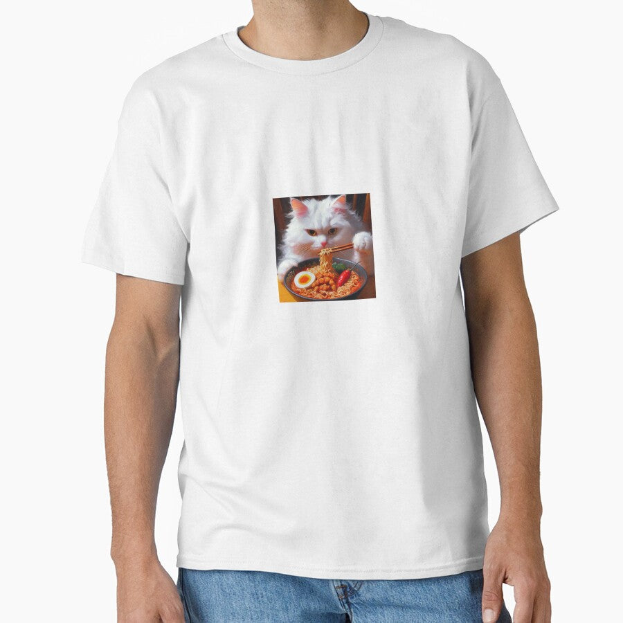 white cat eating spicy ramen noodle soup by boomfire153