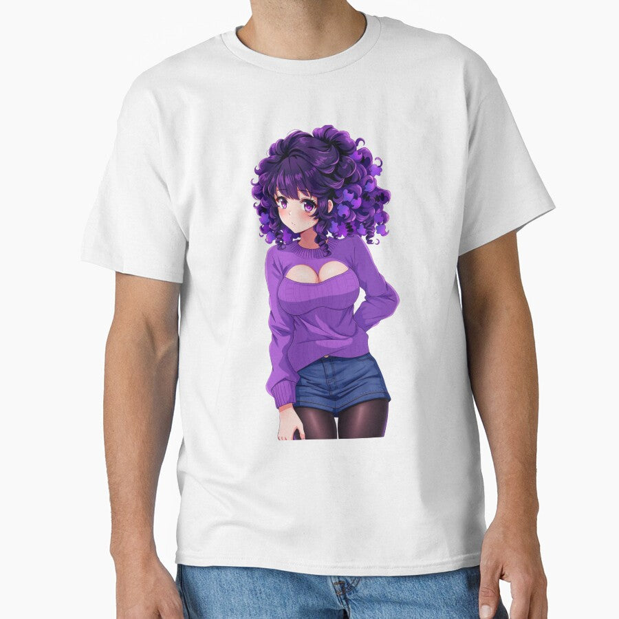 Curly-haired anime girl wears purple sweater with gentle expression by BiranoVule