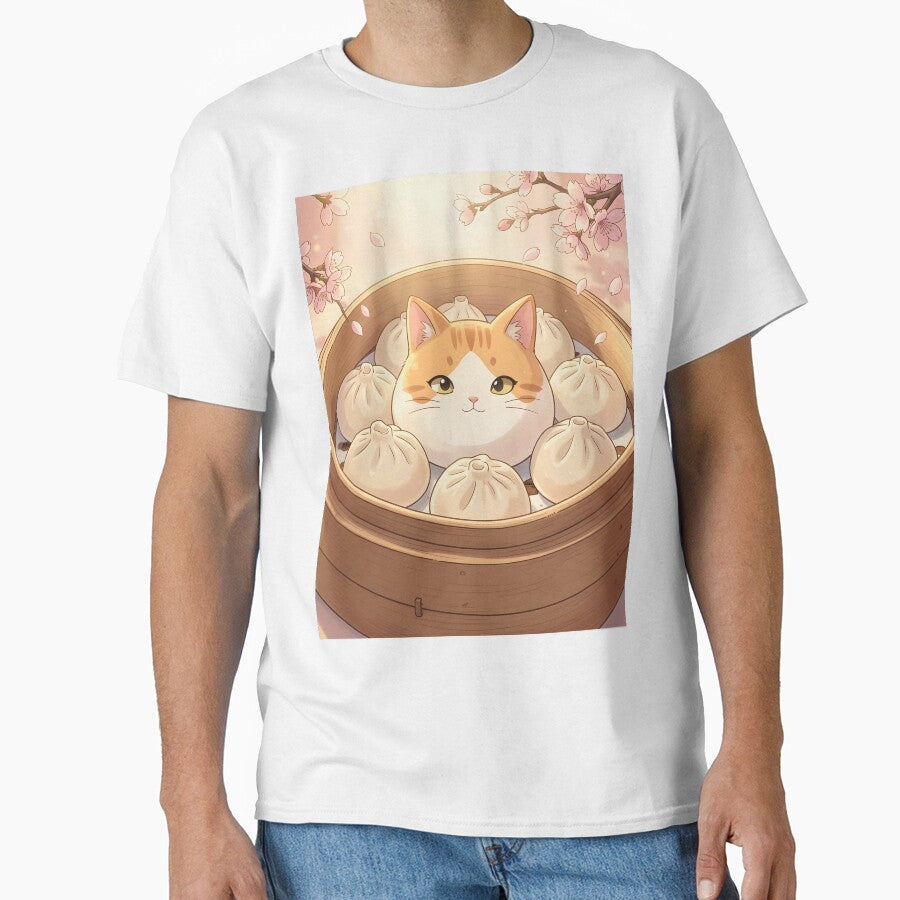 Big Cat Dumpling in Bamboo Steamer – Kawaii Sakura Bun Illustration by EmeraldeaArt