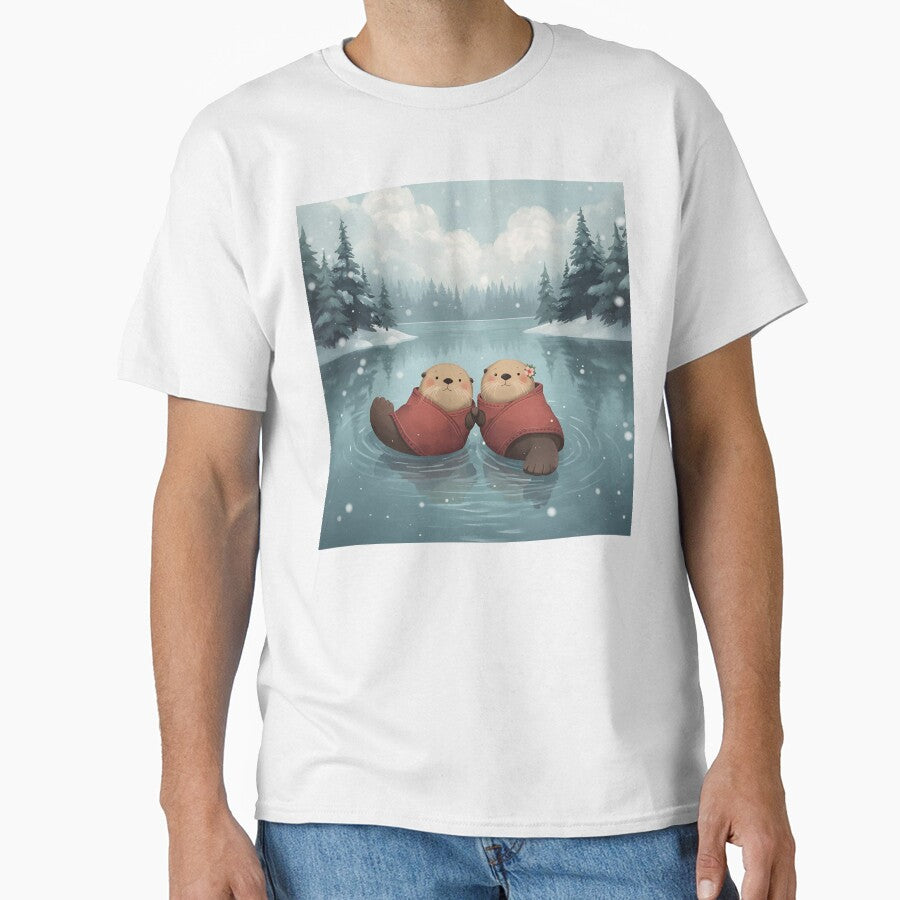 Floating Otters in Love on a Winter Lake by WildlifeWhimsy
