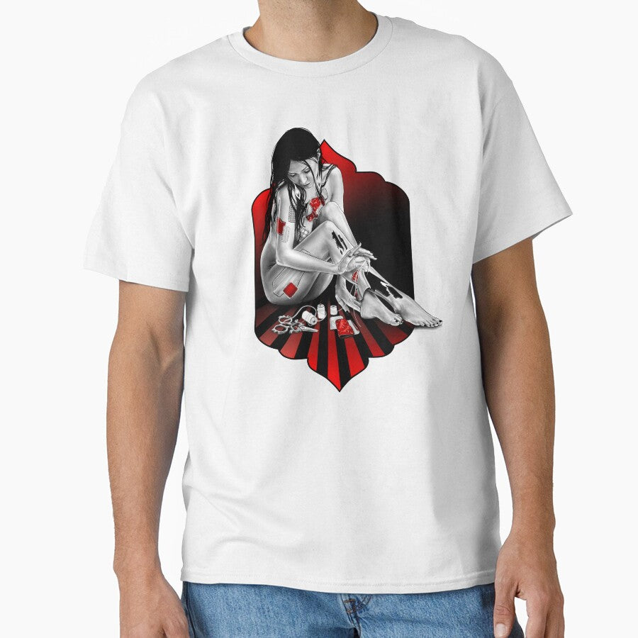 Patch by patch- a portrait (black and red illustration on white) by Anicatattoos