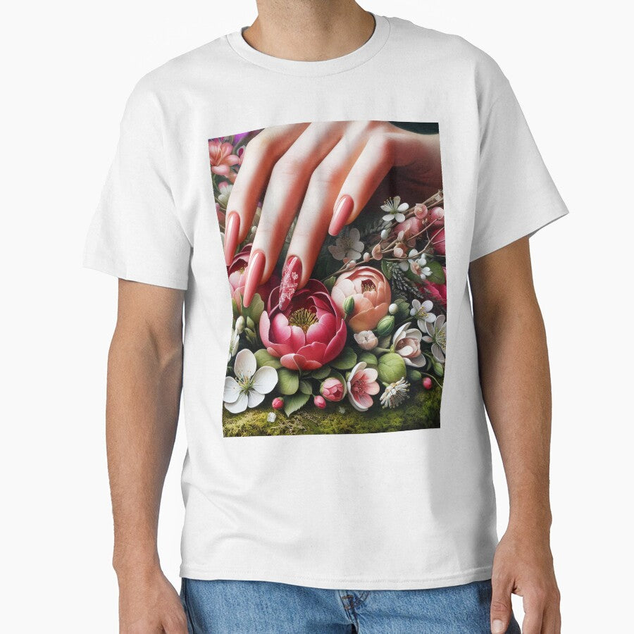 beautiful manicured pastel purple nails female hand placed on blooming peonies vintage flowers by EmeraldeaArt