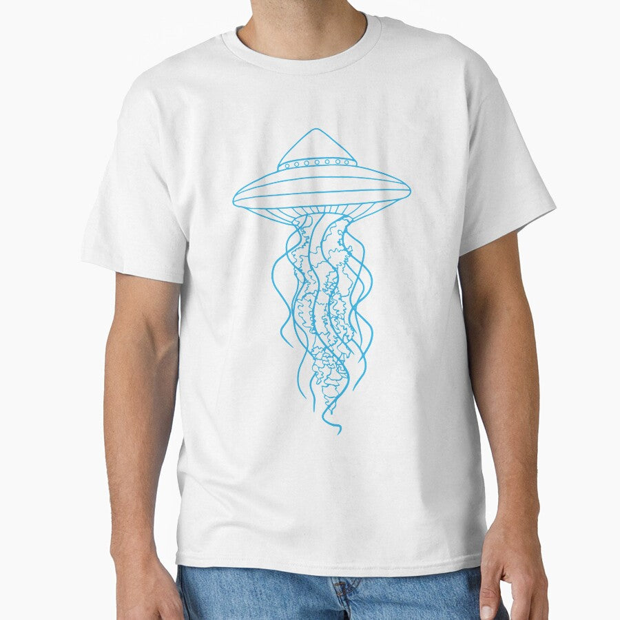 Blue Glow UFO Jellyfish Line Drawing on Black by Ciara Shortall