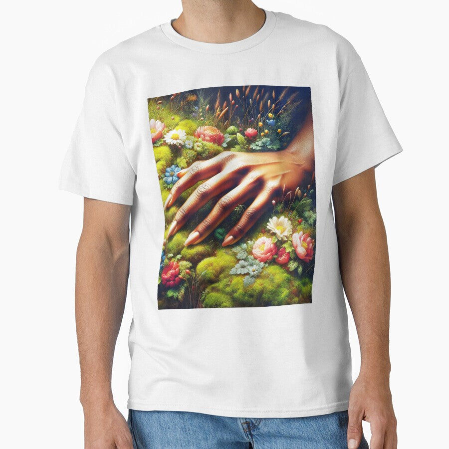 beautiful natural manicured nails female hand placed on mossy wildflowers by EmeraldeaArt