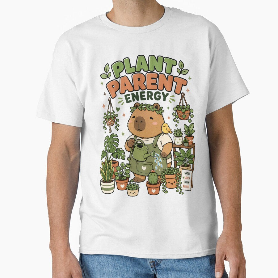 Cute Capybara Plant Parent Energy Shirt — Kawaii Plant Lover Water Love Grow Repeat Gift Tee by MaynyStudio