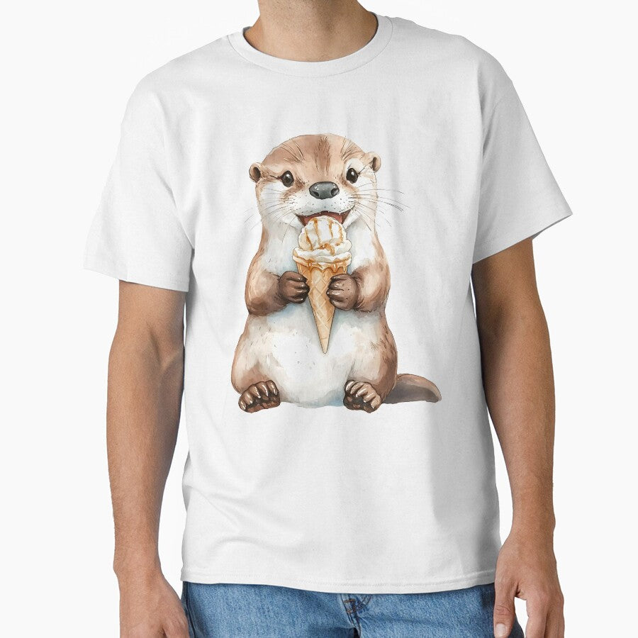 Watercolor otter holding ice cream cone. Cute otter eating ice cream in watercolor style by Anastasiia Yurevych