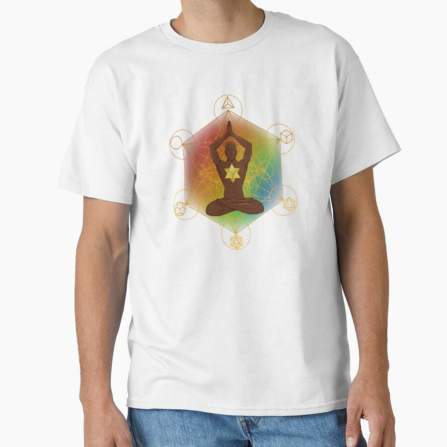 Rainbow Sacred Geometry Meditating Man with Merkaba | Rainbow Chakra Spiritual Art by MJ Koldewyn